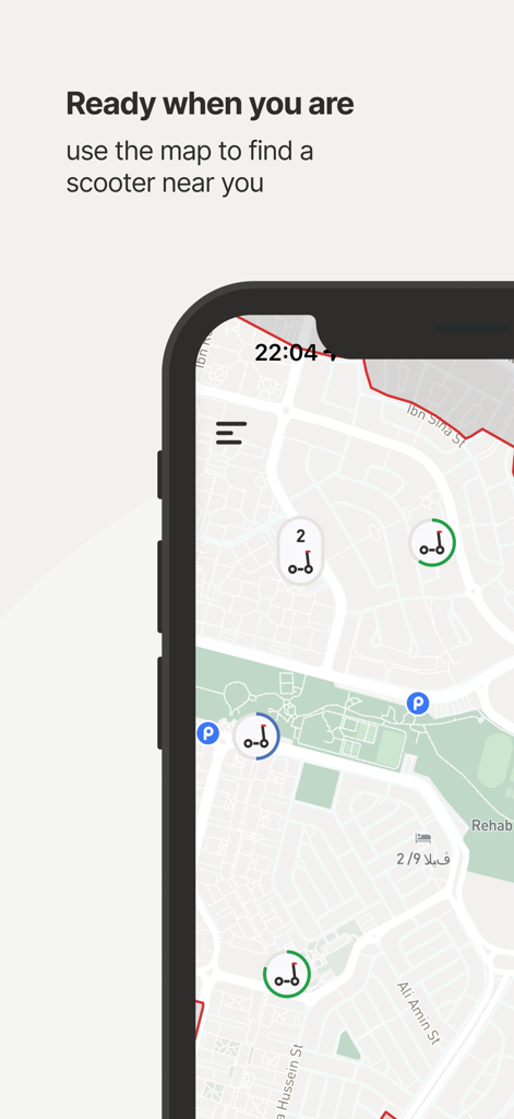 Smartphone screen showing the loop app map with icons for available e-scooters and parking locations