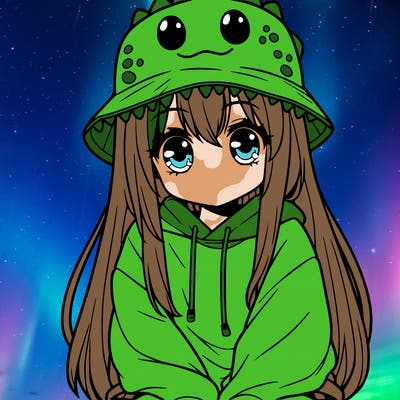 girl with anime shaped eyes with a dinosaur bucket hat oversized sweatshirt long straight hair