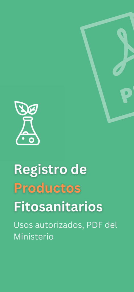 Pantalla de inicio de la aplicación FitoFarma que muestra el registro de productos fitosanitarios con un icono de matraz de laboratorio y una hoja