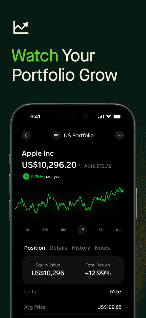 Gather - Interface do aplicativo Gather mostrando um portfólio de ações da Apple Inc com gráficos de desempenho e valor do patrimônio