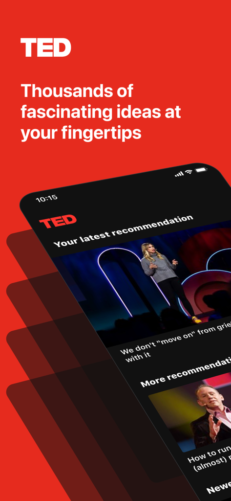 TED Talks: Watch and Learn - A interface do aplicativo TED Talks exibindo recomendações personalizadas de vídeo em um smartphone.