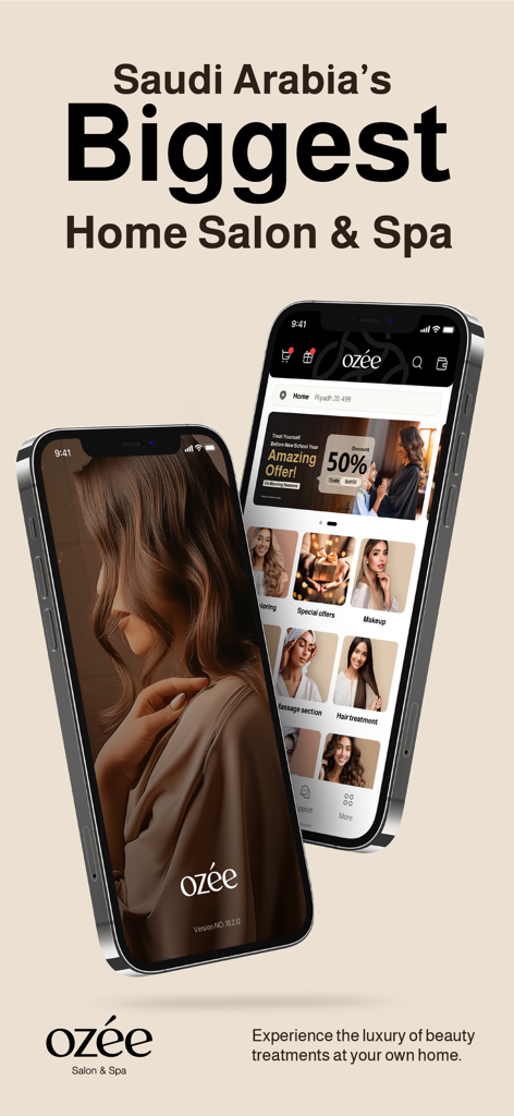 Ozee mobile app interface showing at-home beauty treatments and spa services