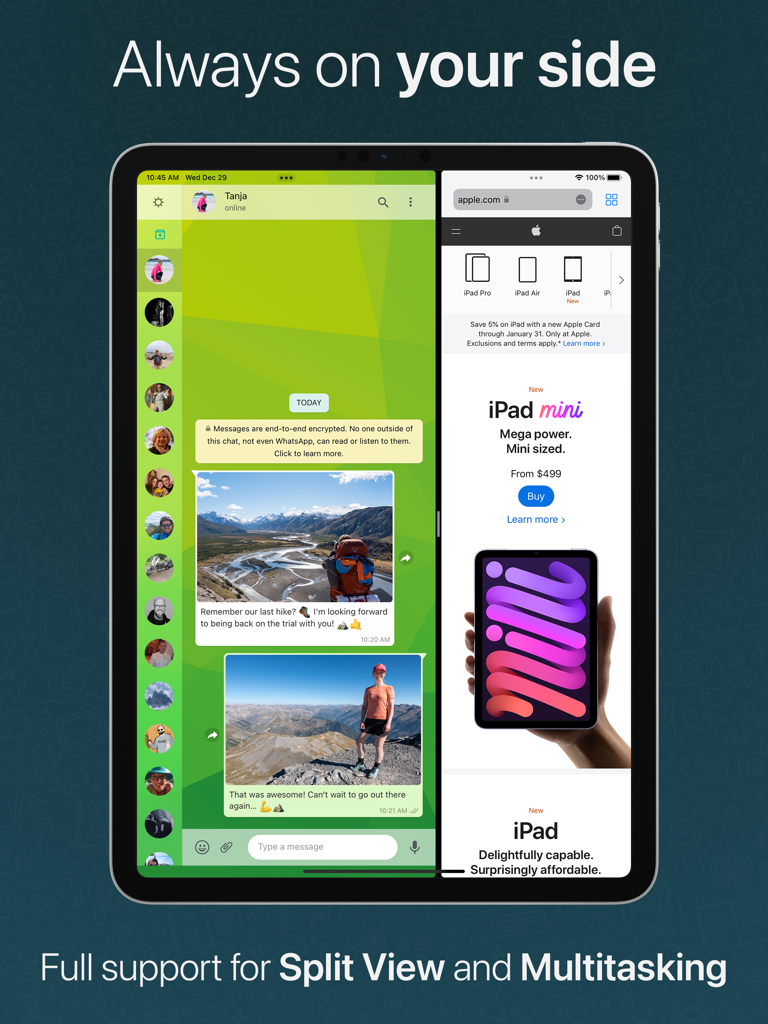 ChatMate für WhatsApp auf dem iPad im Split-View-Multitasking mit einem Webbrowser