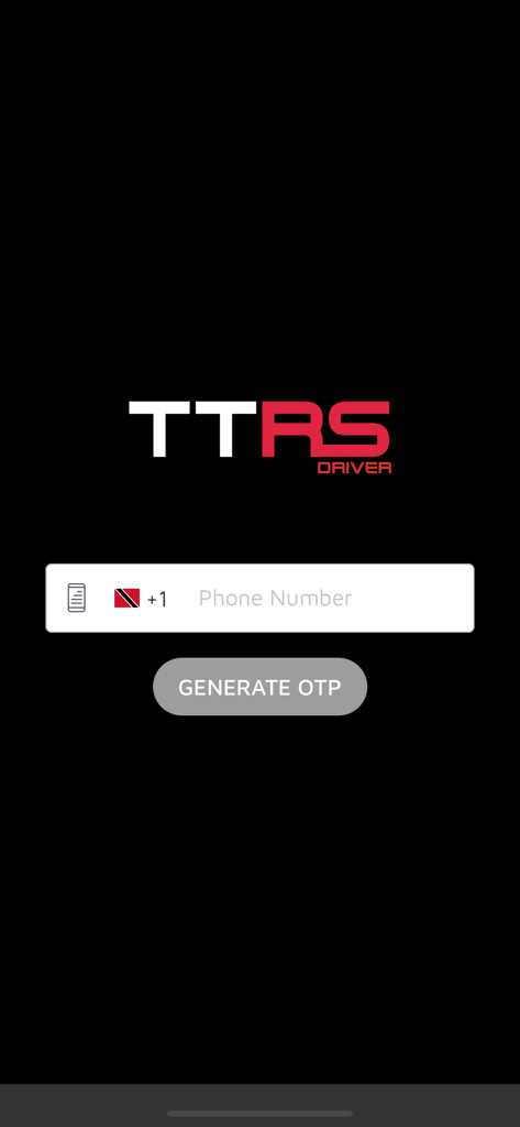 TT RideShare Driver - Login screen of the TT RideShare Driver app showing a phone number input field and a button to generate an OTP.