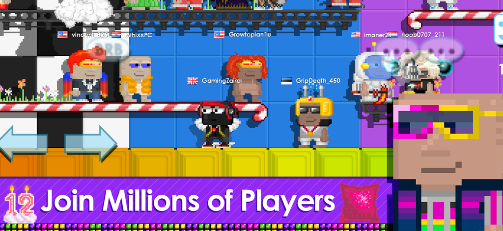 Múltiples avatares de pixel art personalizados en Growtopia con un banner Únete a Millones de Jugadores