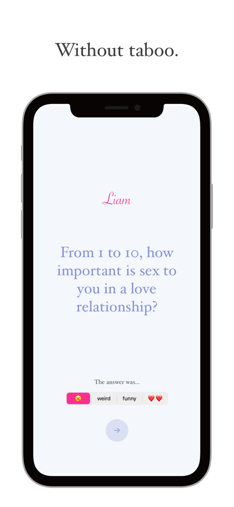 Una pantalla de smartphone que muestra una pregunta de intimidad de relación de la aplicación de juegos para parejas Cherry