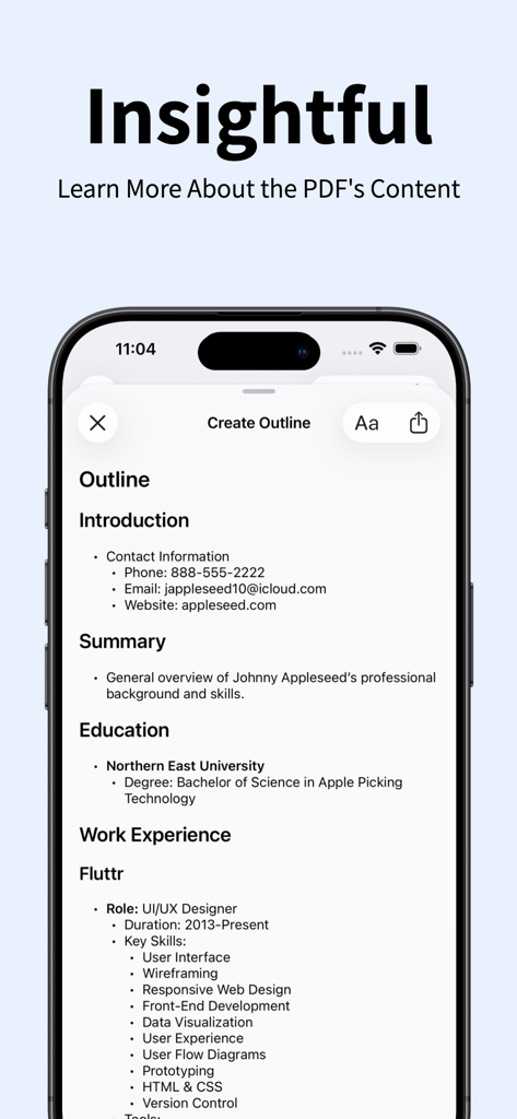 PDF Loupe - Private AI Reader - Una captura de pantalla de la aplicación PDF Loupe mostrando un esquema generado por IA de un documento en la pantalla de un iPhone.