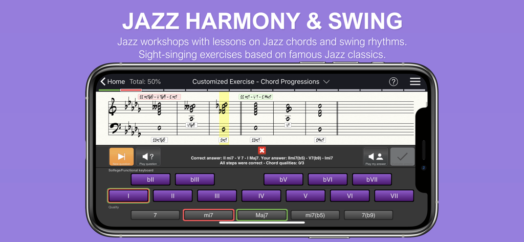 EarMaster app interface showing a jazz harmony and chord progression exercise