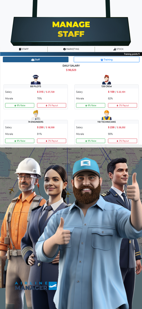 Staff management interface in Airline Manager 2026 showing employee salaries and morale stats
