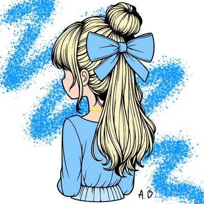 realistic girl  with hip length hair a bun and a big bow on the back of head