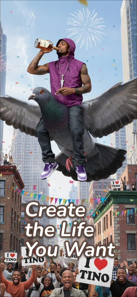 Enjoy - AI Town: the Game - Surreal scene of a character riding a giant pigeon over a cheering city crowd with text overlay Create the Life You Want