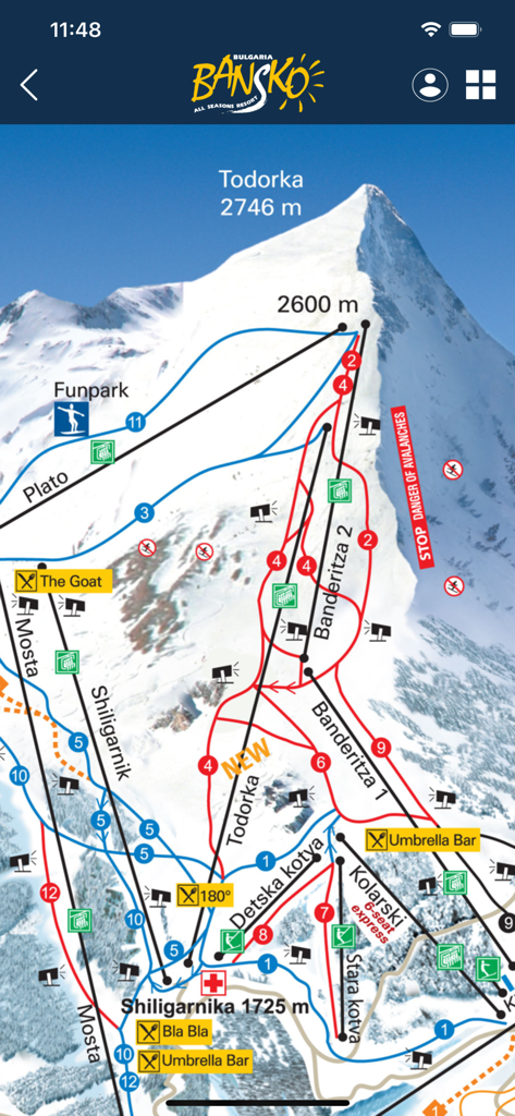 A detailed trail map of the Bansko ski resort showing slopes and lifts on Todorka peak