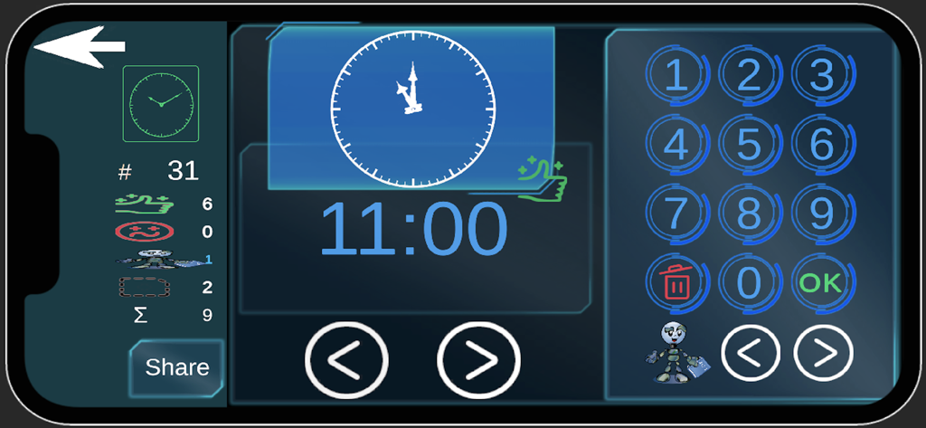 An interactive digital interface for kids to learn telling time with an analog clock and a numeric keypad.