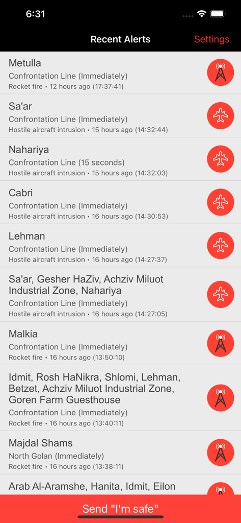 List of recent emergency alerts in Israel showing locations for rocket fire and aircraft intrusion