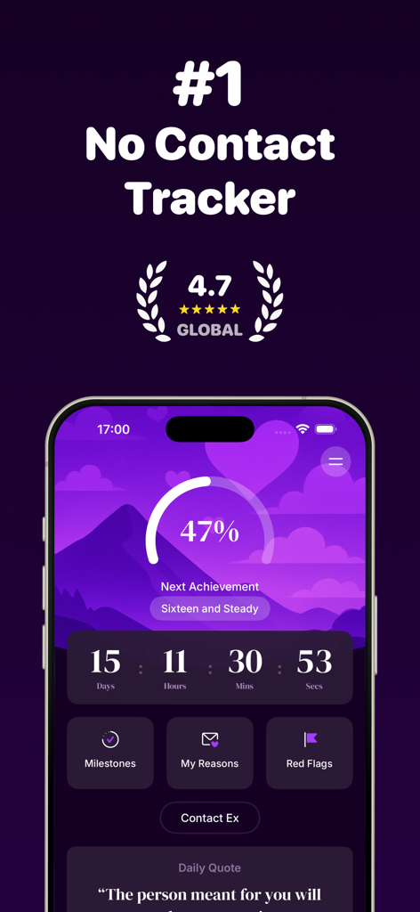 No Contact Tracker mobile app interface featuring a countdown timer for days since breakup and recovery progress