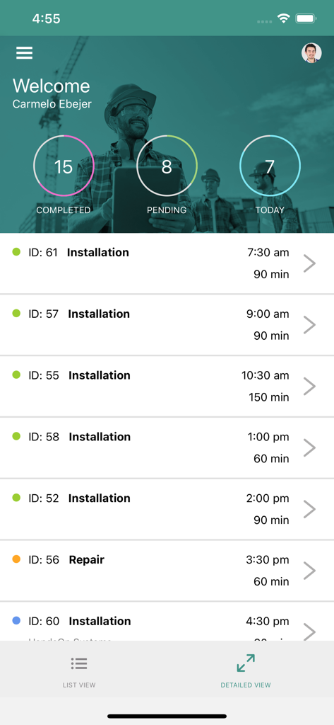 Task Master Mobile - Tableau de bord de l'application Task Master Mobile affichant une liste de chantiers pour les techniciens et les statistiques d'achèvement quotidiennes.