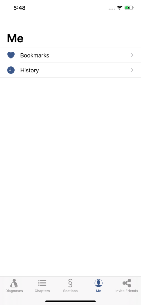 User profile screen of the ICD-10 CM Codes app showing bookmarks and history options