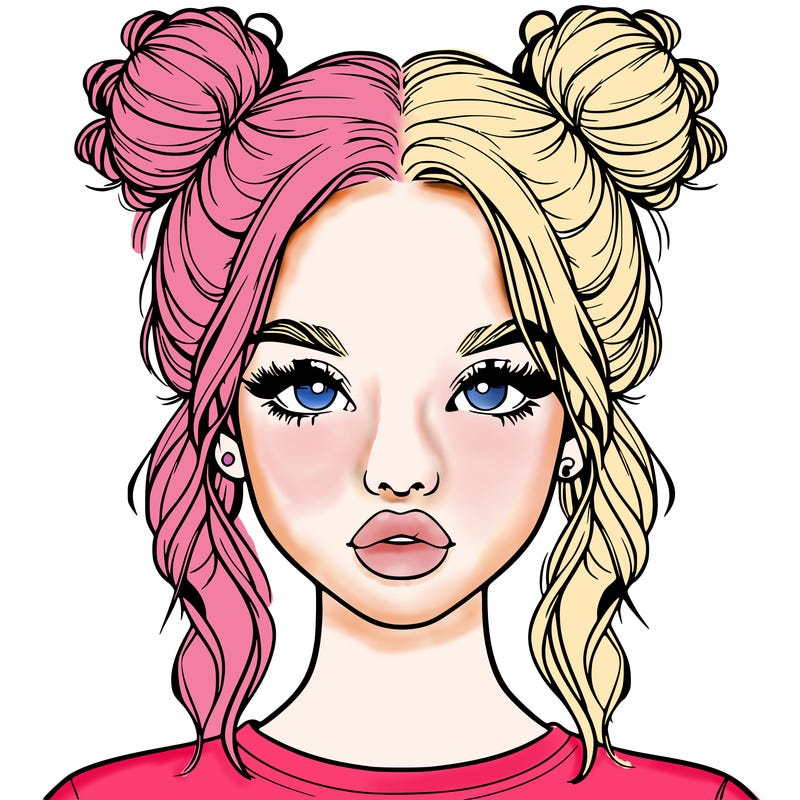 realistic girl with two buns in hair and lips