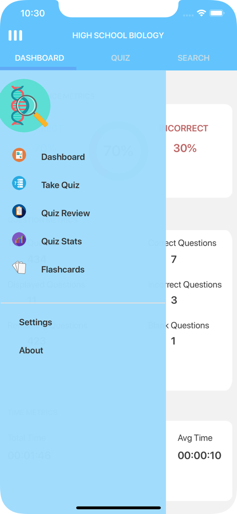 High School Biology - Navigation side menu of the High School Biology app displaying study options like Take Quiz and Flashcards