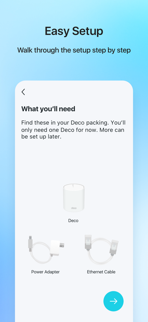 TP-Link Deco - ネットワーク設置に必要なハードウェアを表示するTP-Link Decoアプリの簡単セットアップ画面