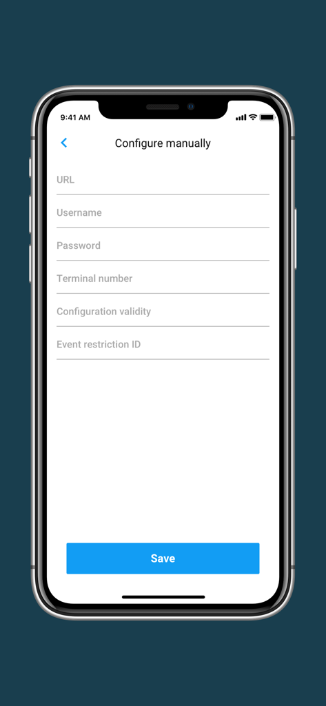 Access Scan-App - Schermata di configurazione manuale per l'App EVENTIM Access Scan su uno smartphone