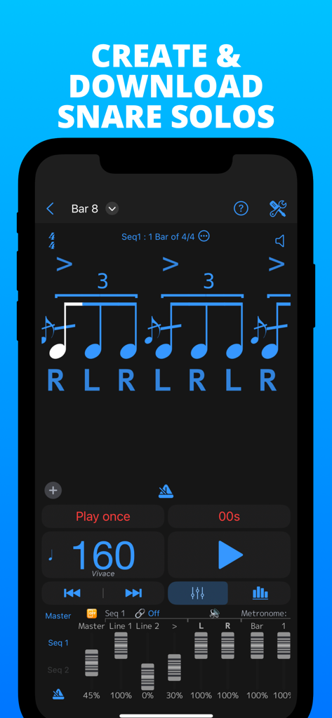 PolyNome: THE Metronome - Interface of PolyNome app displaying a snare solo rhythm with sticking and tempo settings.