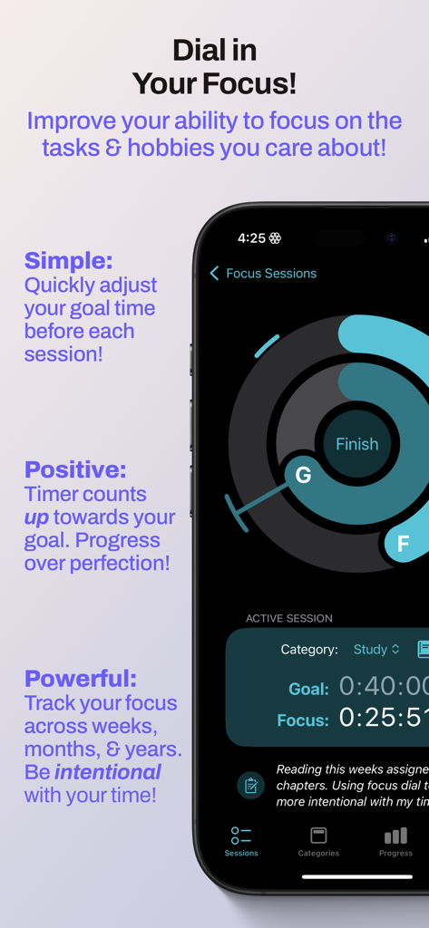 Focus Dial - iPhone screen showing Focus Dial app with a circular timer and session progress for a study category