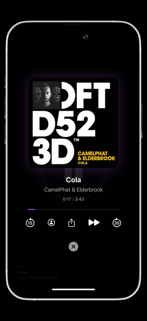 Music player interface of the DJ ChatGPT Music Curator app showing song playback with immersive visuals and intuitive controls