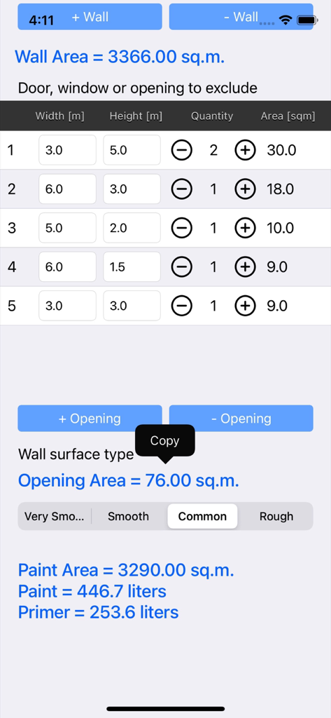 A screen showing the calculation of paint and primer needs after excluding specific door and window areas