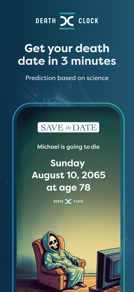 Death Clock: AI Health - 건강 데이터를 기반으로 개인 맞춤형 사망 날짜 예측을 보여주는 데스 클락 앱 인터페이스