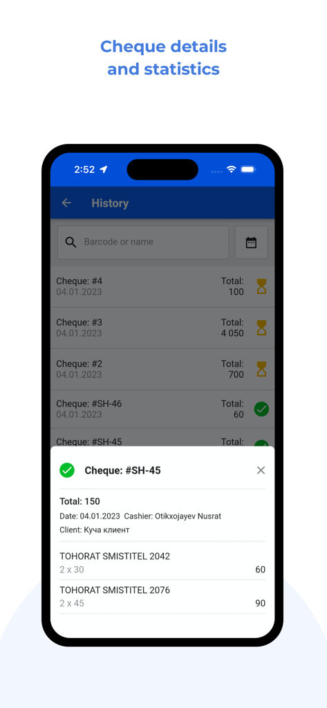 ibox.io - Detailed view of a sales receipt and transaction history in the SMPro POS mobile app