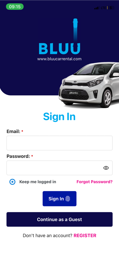 Bluu Car Rental - The sign in page of the Bluu Car Rental mobile application featuring a white car and login form