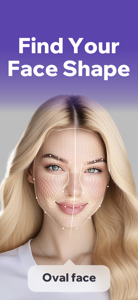 Prookie: Hair AI Hairstyle app - Funzione AI Face Shape Finder dell'app Prookie che identifica un viso ovale con una griglia di mappatura digitale