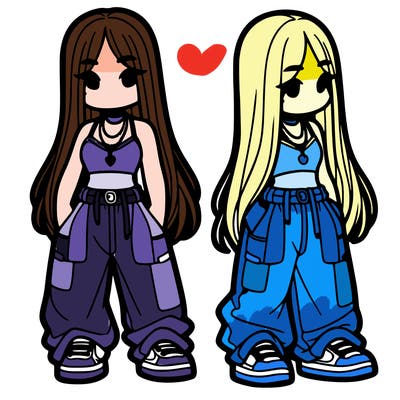 girl in baggy pants crop top and long hair