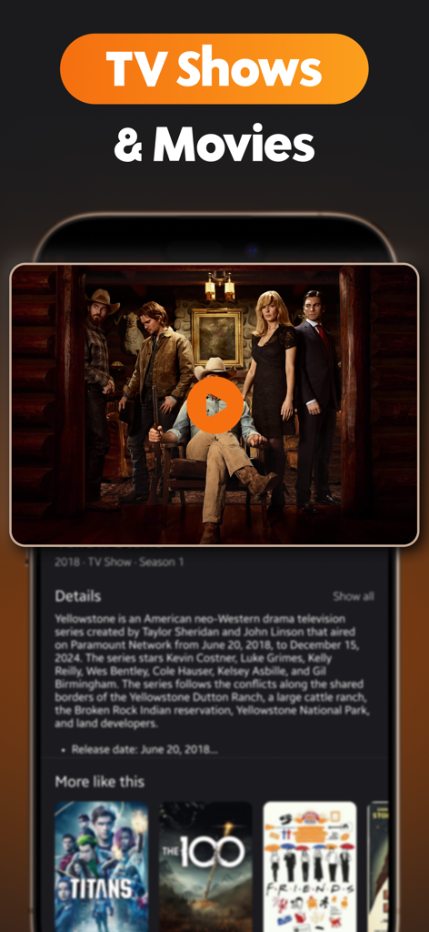 Smart IPTV Player - Online TV - Smart IPTV Player app interface showing the details and description of a TV show with movie recommendations.