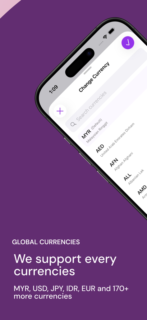 Hutang: Log Your Debt - A screenshot of the Hutang app showing a global currency selection screen with support for over 170 currencies including MYR and USD.