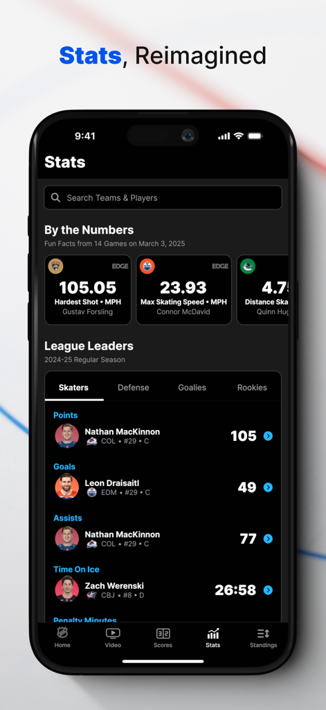 NHL - NHLアプリのインターフェース、リーグリーダーと高度な選手統計を表示