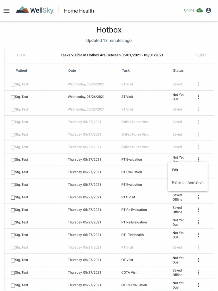 WellSky HHH Offline - WellSky HHH Offline app Hotbox dashboard showing a list of home health tasks, patient visits, and documentation statuses.