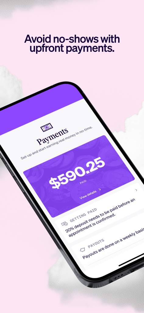 Interfaz de la aplicación móvil Vev que muestra las funciones de pago por adelantado y depósito para evitar ausencias de reservas.