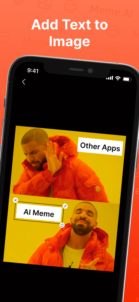 AIミームジェネレーターアプリのインターフェース。Drakeミームテンプレートにカスタムテキストを追加して編集している様子を示しています。