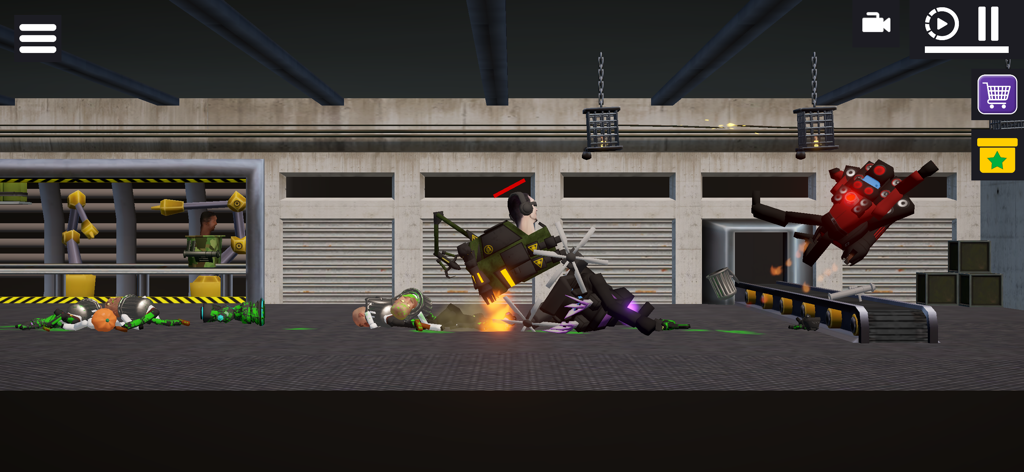 A 3D physics sandbox scene in Last Play Ragdoll Sandbox showing characters and machines interacting in an industrial workshop environment.