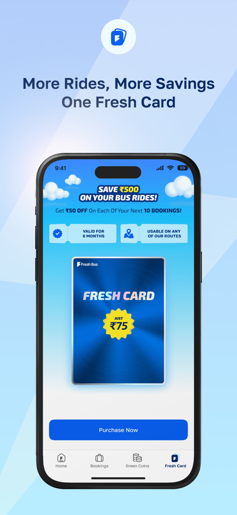 FRESH BUS - Fresh Bus app interface displaying the Fresh Card promotion for travel savings and discounts on bus rides