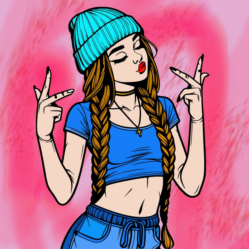 realistic teenage girl with braids and a beanie and crop top doing 🫶🏼