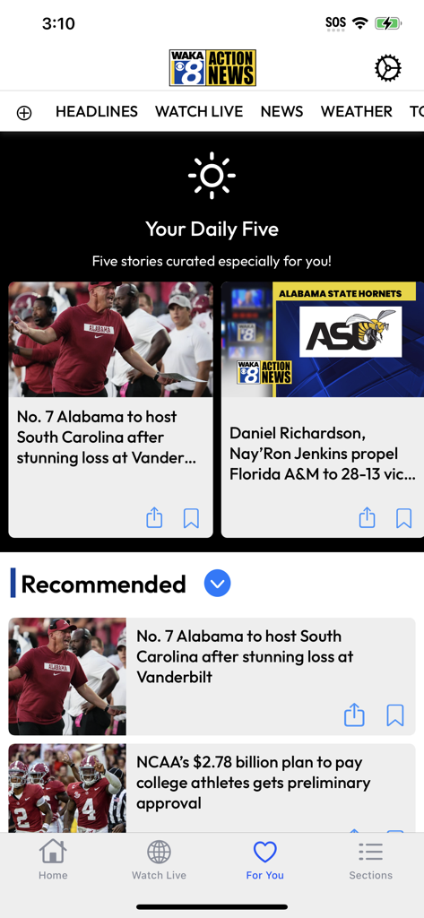 WAKA News - Screenshot of the WAKA News app showing personalized news stories and Alabama sports updates.