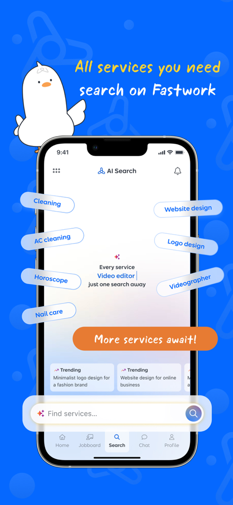 Fastwork app mobile screen showing AI search for freelance services like website design, cleaning, and logo design.