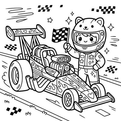 Get ready to ignite your imagination with this super cute Kawaii Drag Racer coloring page! Featuring an adorable driver and their powerful, flame-decorated dragster, it's perfect for fans of speed and charm.