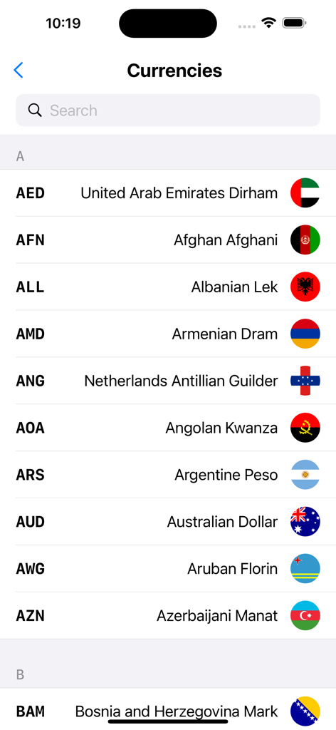 Currency Converter - Exchange! - Alphabetical list of world currencies with flags and search bar in the app