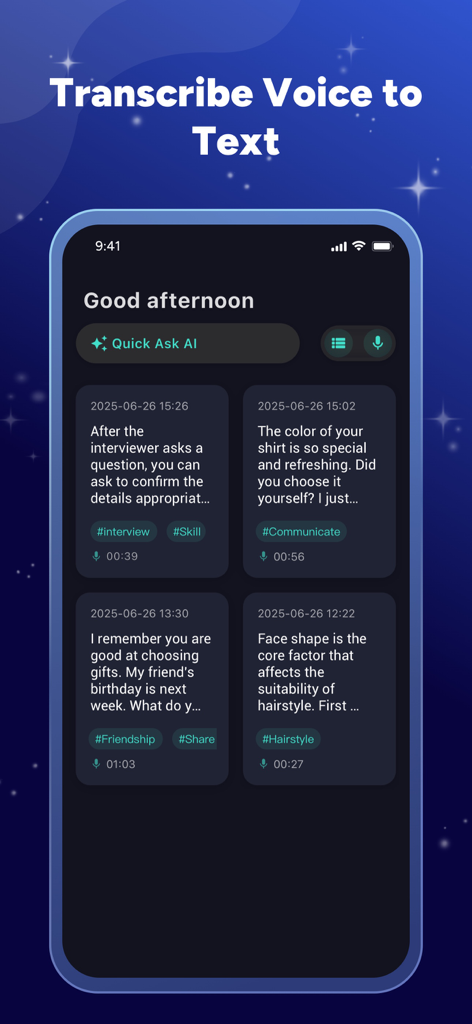 Achat India: Chat & AI Notes - Interfaz de la aplicación Achat India que muestra una lista de notas transcritas por voz con etiquetas descriptivas y una barra de búsqueda de IA.