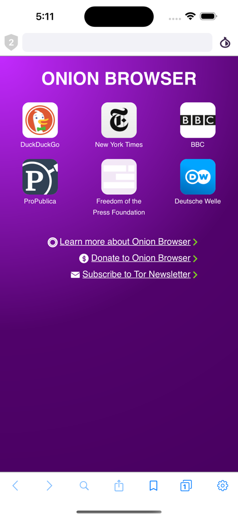 Onion Browser - Écran d'accueil du navigateur Onion sur iOS avec des liens rapides vers DuckDuckGo, le New York Times et la BBC sur fond violet.
