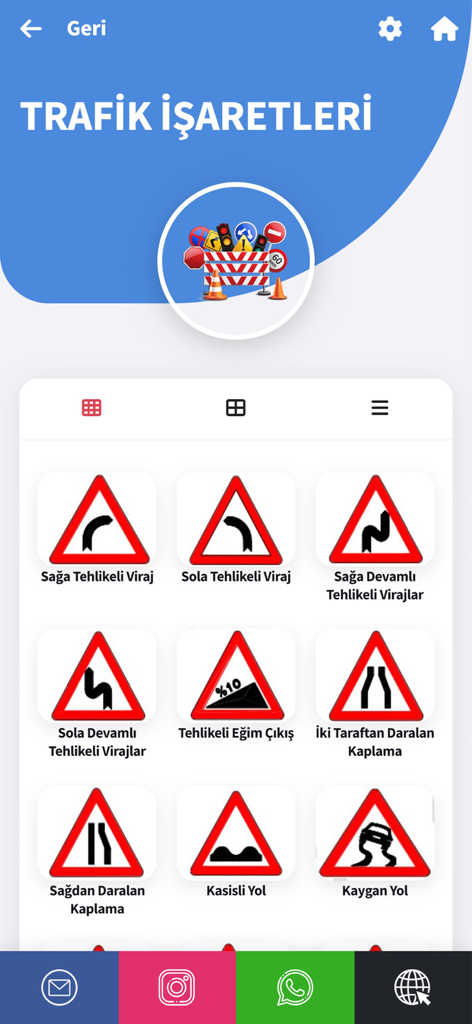Yollar Sürücü Kursu - A screen from the Yollar Surucu Kursu app showing a grid of Turkish traffic signs with their descriptive names for driving exam preparation.